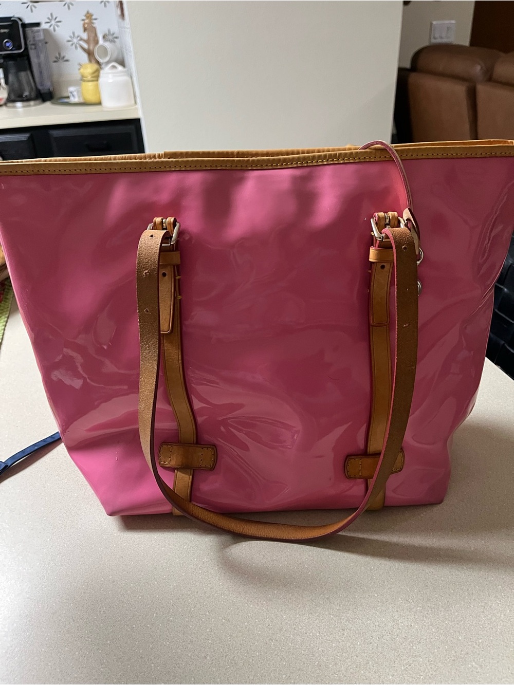 Dooney & Bourke Pink Patent Tote with Tan Straps - Picture 4 of 12
